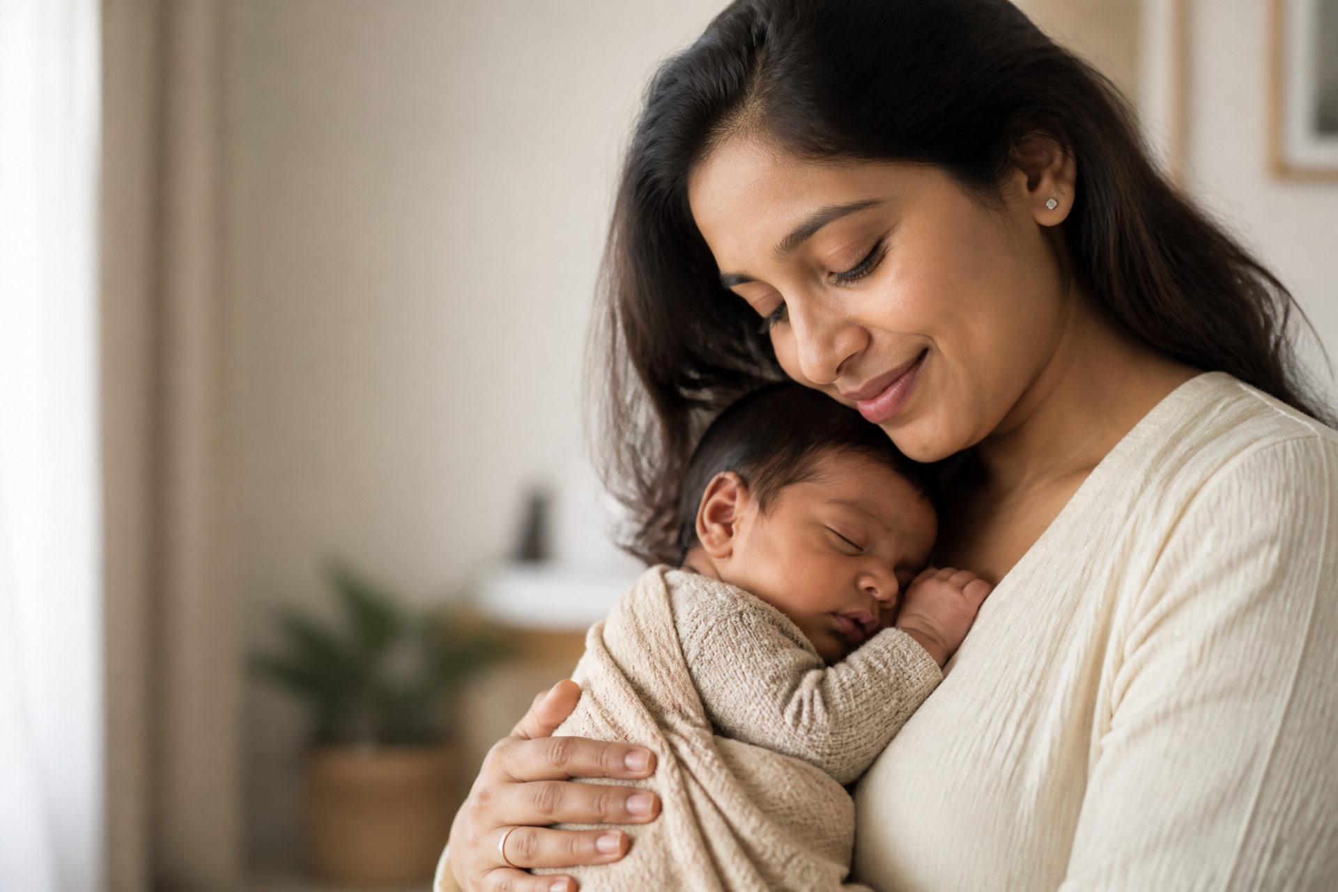 A young Indian mother in a cream kurta softly smiling as she cradles her peacefully sleeping newborn wrapped in a beige muslin swaddle against her chest, in a warmly lit modern Indian home.